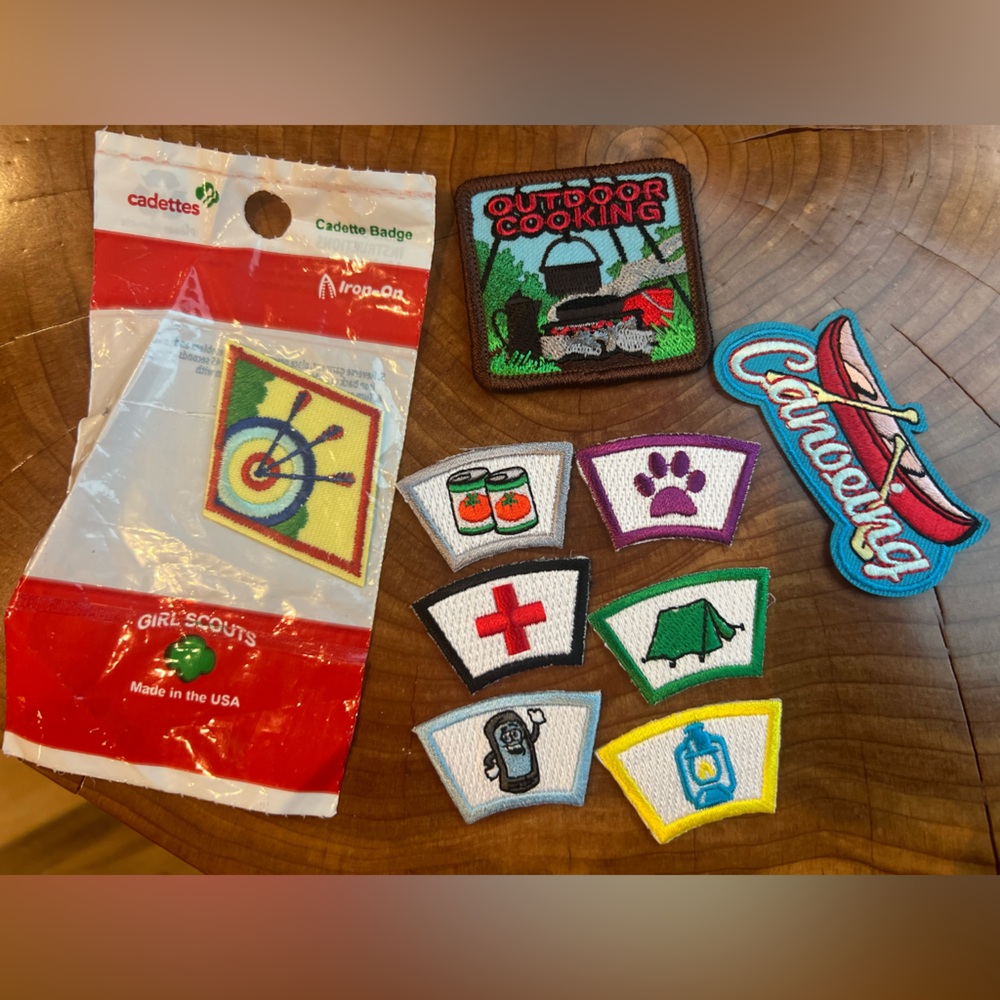 Girl Scouts Patches Lot (9 pcs) – Archery, Camping, Cooking, First Aid, and More